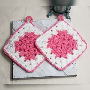 Handmade Potholders Pink White Crocheted NWT